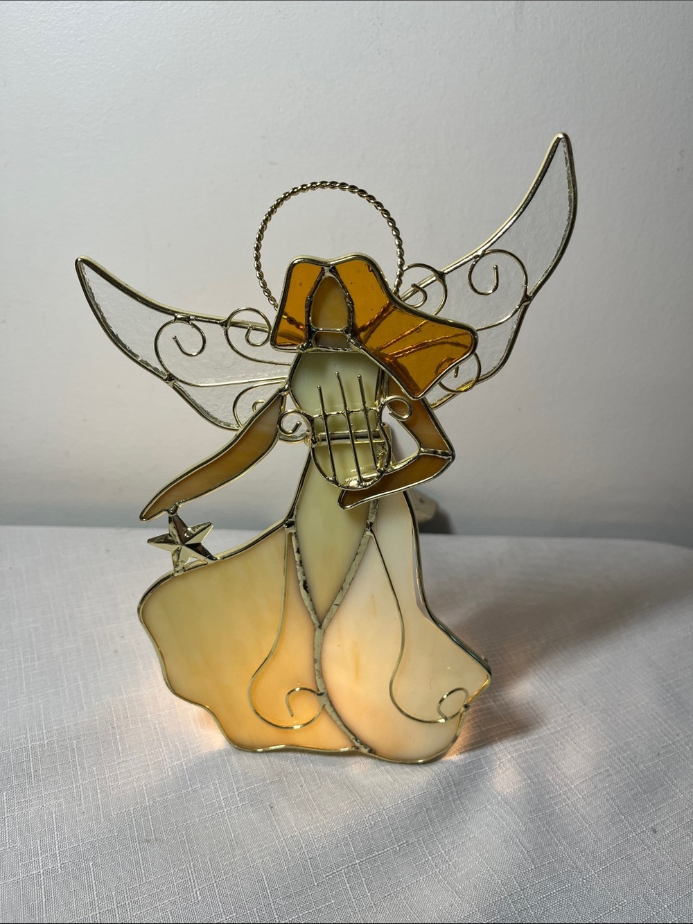 Stained Glass Angel Ornament in Amber and Cream. Use with Tealight candle